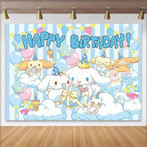 Lofaris Cute White Puppy Birthday Backdrop Blue Striped Clouds Happy Birthday Background for Boy Anime Dog Party Decoration