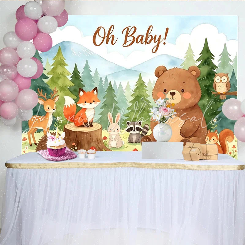 Lofaris Cute Woodland Animals Oh Baby Baby Shower Backdrop Forest Mountain Watercolor Theme Photography Background
