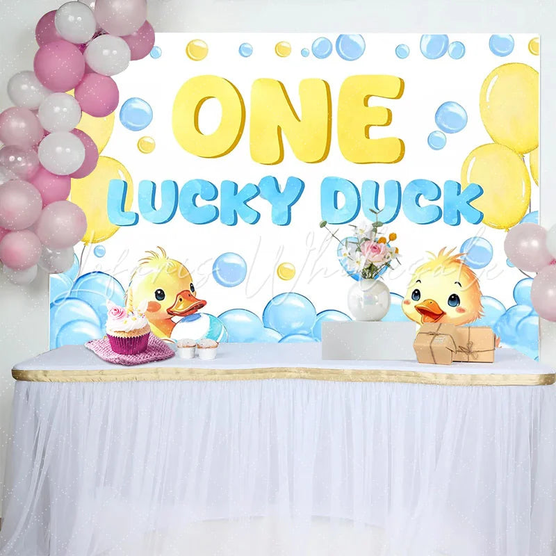 Lofaris Cute Yellow Duck 1st Birthday Backdrop with Blue Balloons Adorable Lucky Duck Theme Background for Baby Boy Photoshoot