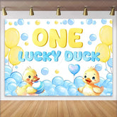 Lofaris Cute Yellow Duck 1st Birthday Backdrop with Blue Balloons Adorable Lucky Duck Theme Background for Baby Boy Photoshoot