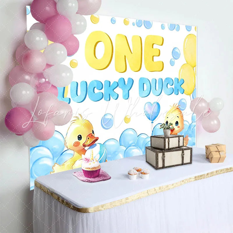 Lofaris Cute Yellow Duck 1st Birthday Backdrop with Blue Balloons Adorable Lucky Duck Theme Background for Baby Boy Photoshoot