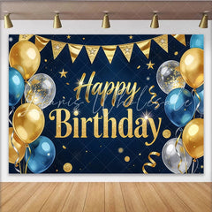 Lofaris Dark Blue and Gold Glitter Happy Birthday Backdrop Elegant Party Background with Balloons for Photography