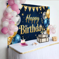 Lofaris Dark Blue and Gold Glitter Happy Birthday Backdrop Elegant Party Background with Balloons for Photography
