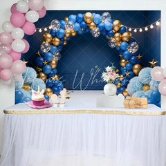 Lofaris Dark Blue Gold Balloon Garland Birthday Cake Smash Backdrop Golden Stars String Lights Boy Party Photography Background