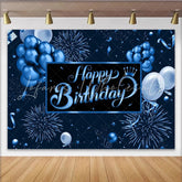Lofaris Dark Blue Happy Birthday Backdrop with Balloons Fireworks and Crown Elegant Party Background for Photography and Celebration Decor
