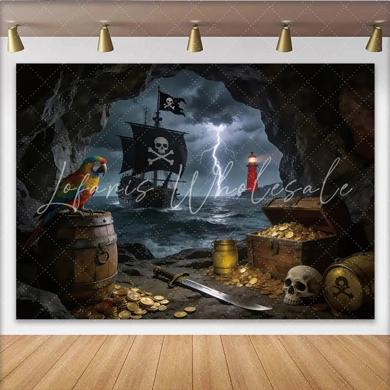 Lofaris Dark Cave Pirate Photography Backdrop with Treasure and Stormy Sea Adventure Theme Background for Party Decor