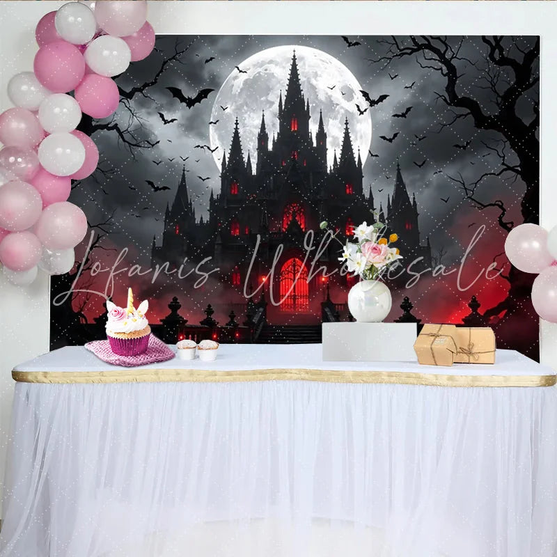 Lofaris Dark Gothic Castle Halloween Backdrop with Full Moon and Flying Bats Spooky Red Glow Background for Party Decor