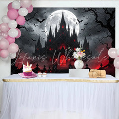 Lofaris Dark Gothic Castle Halloween Backdrop with Full Moon and Flying Bats Spooky Red Glow Background for Party Decor