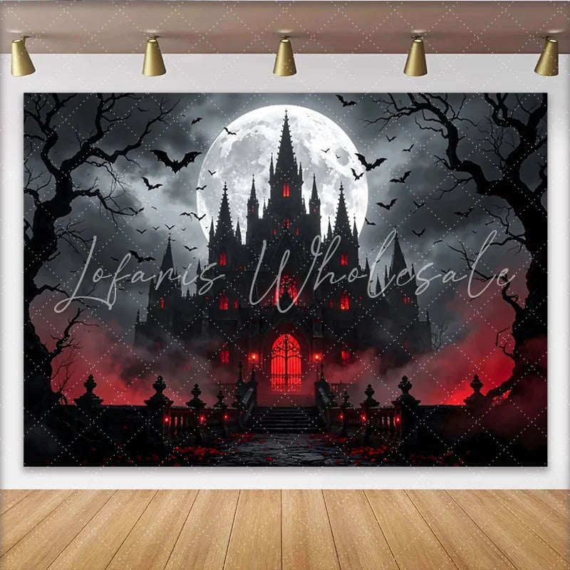 Lofaris Dark Gothic Castle Halloween Backdrop with Full Moon and Flying Bats Spooky Red Glow Background for Party Decor
