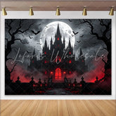 Lofaris Dark Gothic Castle Halloween Backdrop with Full Moon and Flying Bats Spooky Red Glow Background for Party Decor