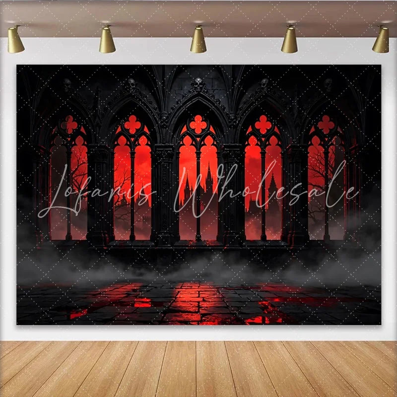 Lofaris Dark Gothic Castle Photography Backdrop with Red Sky and Arched Windows Dramatic Studio Background for Halloween Party