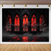 Lofaris Dark Gothic Castle Photography Backdrop with Red Sky and Arched Windows Dramatic Studio Background for Halloween Party