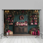 Lofaris Dark Green Wooden Wall Red Gift Box Xmas Backdrop