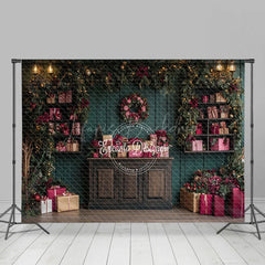 Lofaris Dark Green Wooden Wall Red Gift Box Xmas Backdrop