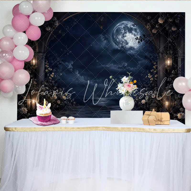 Lofaris Dark Moonlit Night Photography Backdrop with Gothic Arch and Glowing Lanterns Elegant Floral for Romantic Portrait Photoshoot