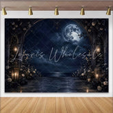 Lofaris Dark Moonlit Night Photography Backdrop with Gothic Arch and Glowing Lanterns Elegant Floral for Romantic Portrait Photoshoot