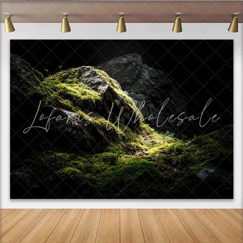 Lofaris Dark Mossy Rock Photography Backdrop with Dramatic Lighting Natural Green Forest Background for Studio Portrait Photoshoot