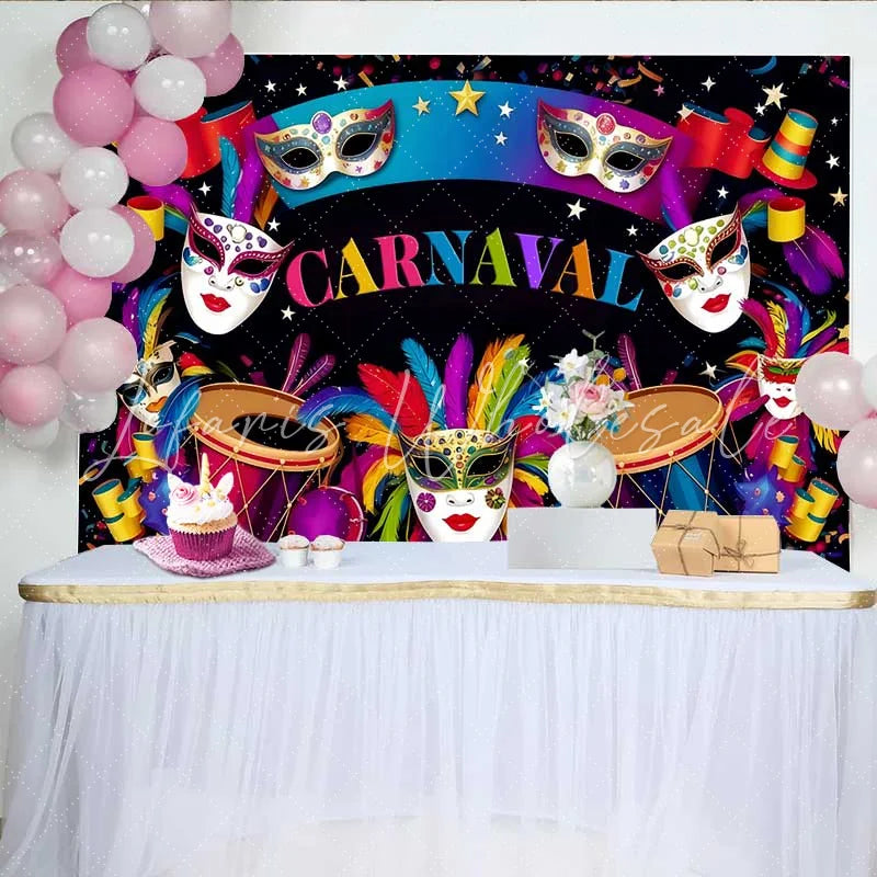 Lofaris Dark Night Carnaval Backdrop Vibrant Mask and Drum Celebration Banner for Party