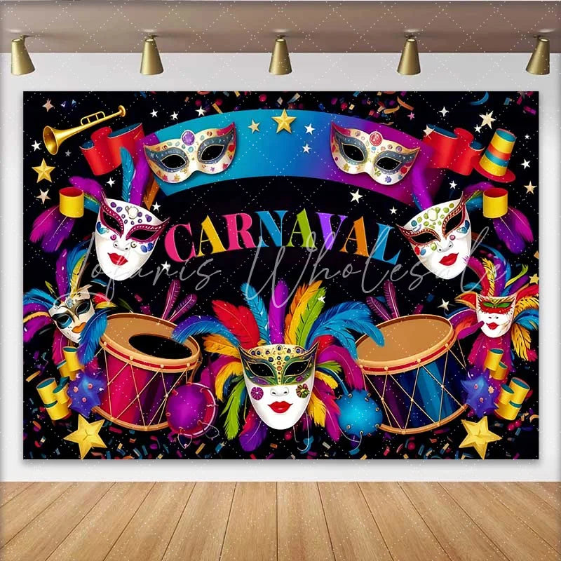 Lofaris Dark Night Carnaval Backdrop Vibrant Mask and Drum Celebration Banner for Party
