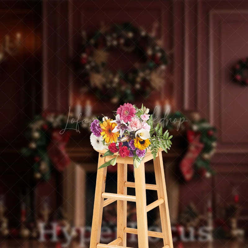 Lofaris Dark Red Luxury Wall Fireplace Christmas Backdrop