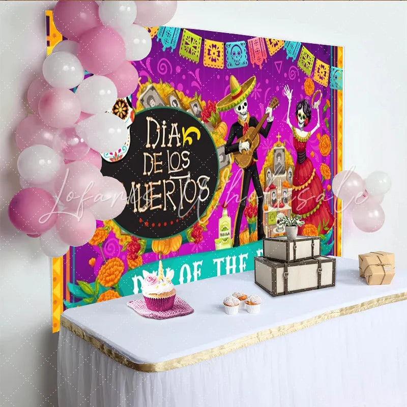 Lofaris Day of the Dead Ofrenda Backdrop Dia de los Muertos with Sugar Skulls Mexican Marigold and Altar Decorations