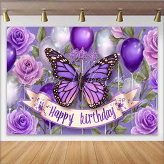 Lofaris Deep Purple Butterfly Birthday Backdrop Balloon Floral Cake Smash Background Girl Party Photography Prop