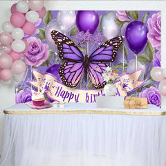 Lofaris Deep Purple Butterfly Birthday Backdrop Balloon Floral Cake Smash Background Girl Party Photography Prop