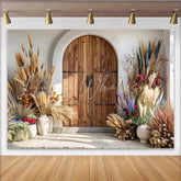 Lofaris Desert Boho Door Photography Backdrop Pampas Grass and Wooden Gate Photo Background