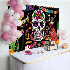 Lofaris Dia de los Muertos Backdrop for Day of the Dead Party Sugar Skull and Mariachi Skeletons Mexican Fiesta Decor