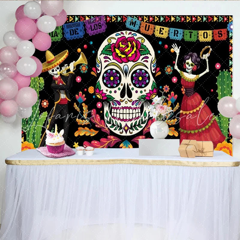 Lofaris Dia de los Muertos Backdrop for Day of the Dead Party Sugar Skull and Mariachi Skeletons Mexican Fiesta Decor