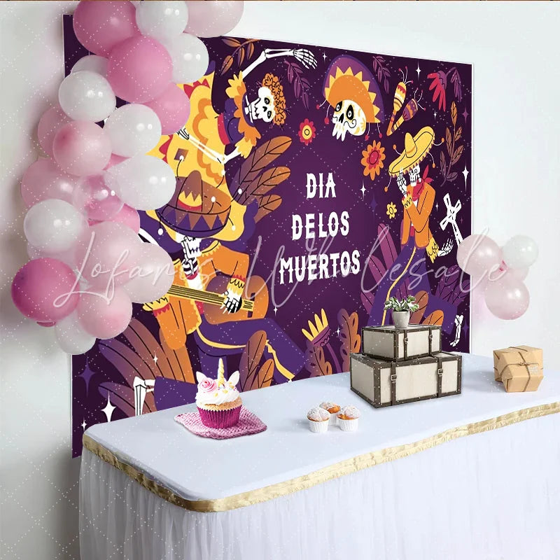 Lofaris Dia de los Muertos Backdrop with Festive Skeletons and Sombreros Cultural Mexican Holiday Background for Celebration Photography