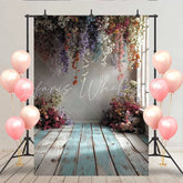 Lofaris Distressed Blue and White Wood Floor Backdrop Hanging Colorful Flowers for Studio Decor