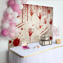 Lofaris Distressed Wall Horror Photography Backdrop with Red Handprints and Splatters Spooky Studio Background for Halloween Party Decor