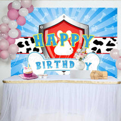 Lofaris Dog Patrol Shield Logo Happy Birthday Backdrop Dalmatian Spots Theme Cartoon Rescue Pups Party for Kids