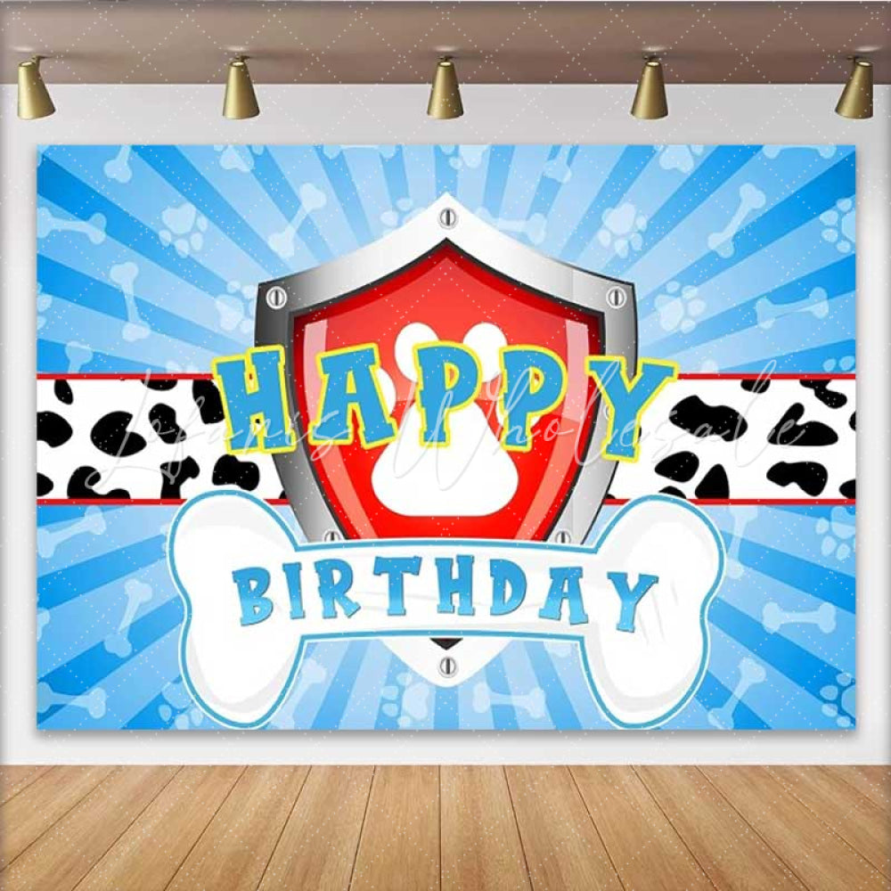 Lofaris Dog Patrol Shield Logo Happy Birthday Backdrop Dalmatian Spots Theme Cartoon Rescue Pups Party for Kids