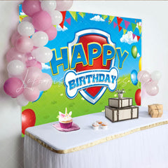 Lofaris Dog Patrol Shield Logo Happy Birthday Backdrop Puppy Themed Party for Kids Cartoon Rescue Team Decor