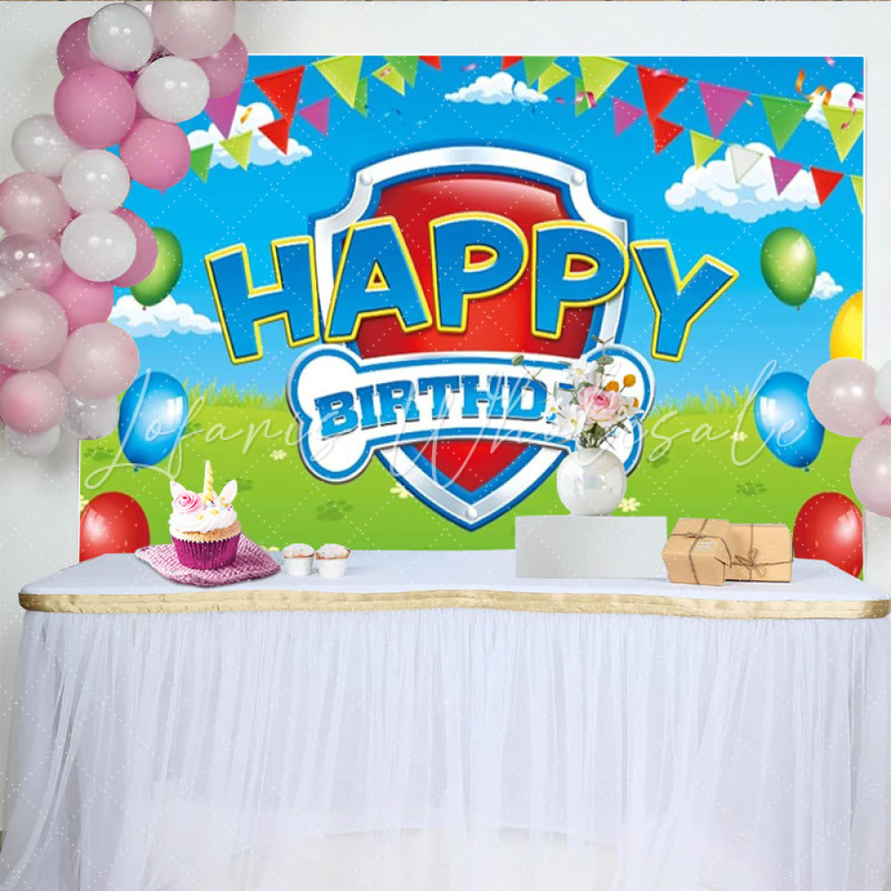 Lofaris Dog Patrol Shield Logo Happy Birthday Backdrop Puppy Themed Party for Kids Cartoon Rescue Team Decor