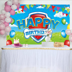 Lofaris Dog Patrol Shield Logo Happy Birthday Backdrop Puppy Themed Party for Kids Cartoon Rescue Team Decor