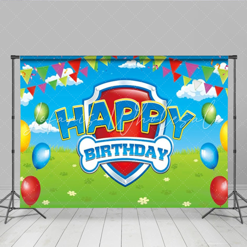 Lofaris Dog Patrol Shield Logo Happy Birthday Backdrop Puppy Themed Party for Kids Cartoon Rescue Team Decor