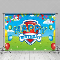 Lofaris Dog Patrol Shield Logo Happy Birthday Backdrop Puppy Themed Party for Kids Cartoon Rescue Team Decor