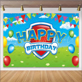 Lofaris Dog Patrol Shield Logo Happy Birthday Backdrop Puppy Themed Party for Kids Cartoon Rescue Team Decor