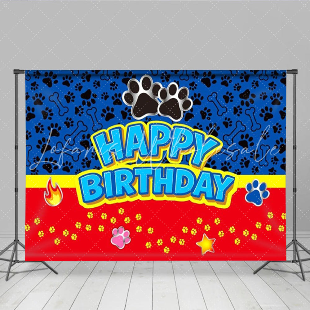 Lofaris Dog Patrol Themed Happy Birthday Backdrop Paw Prints and Bones for Kids Party Blue and Red Cartoon Decor