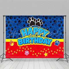 Lofaris Dog Patrol Themed Happy Birthday Backdrop Paw Prints and Bones for Kids Party Blue and Red Cartoon Decor