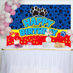 Lofaris Dog Patrol Themed Happy Birthday Backdrop Paw Prints and Bones for Kids Party Blue and Red Cartoon Decor