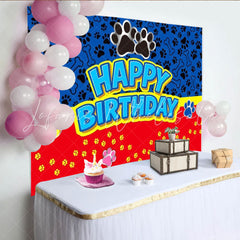 Lofaris Dog Patrol Themed Happy Birthday Backdrop Paw Prints and Bones for Kids Party Blue and Red Cartoon Decor