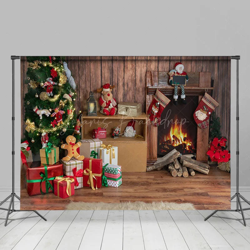 Lofaris Dolls Wood Fireplace Pine Tree Christmas Backdrop