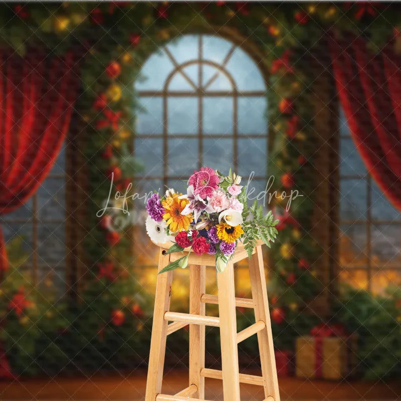 Lofaris Dramatic Christmas Window Photography Backdrop Fiery Sunset with Red Curtains Cozy Holiday Mini Session Background