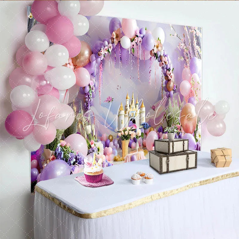 Lofaris Dreamy Balloon Castle Backdrop Purple and Pink Arch for Birthday Cake Smash