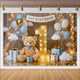 Lofaris Dreamy Blue and White Balloons Golden Number One 1st Birthday Party Backdrop with Cute Teddy Bear Festive Celebration