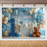 Lofaris Dreamy Blue and White Hot Air Balloon First Birthday Party Backdrop Number One and Cute Teddy Bear
